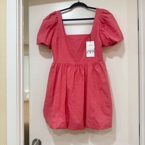 NWT Zara Linen Blend Short Sleeve Mini Dress Bow Size Large Coral Pink